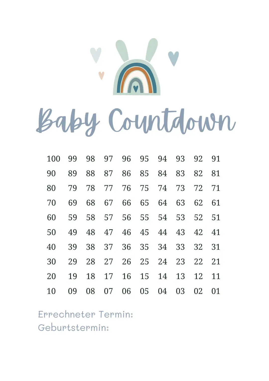 Digital Baby Countdown Calendar 100 Days Hello Baby Pregnancy Countdown Printable PDF Download Baby Pregnancy Calendar Etsy