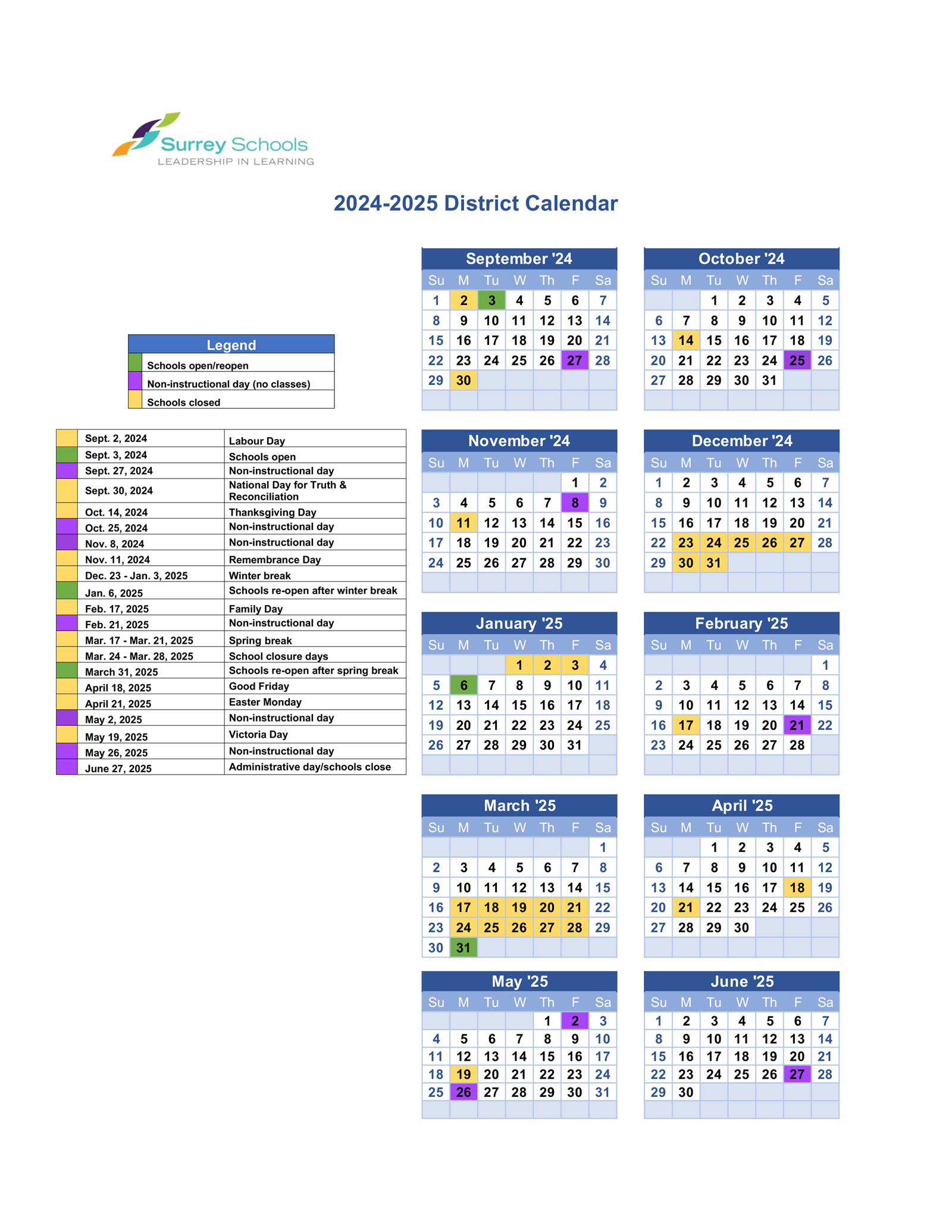 District Calendar For The 2024 2025 School Year