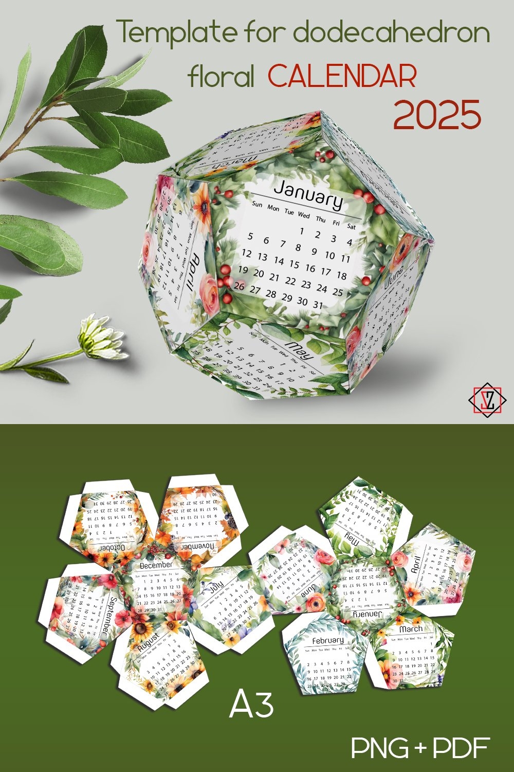 Dodecahedron Flower Calendar Template For The Year 2025