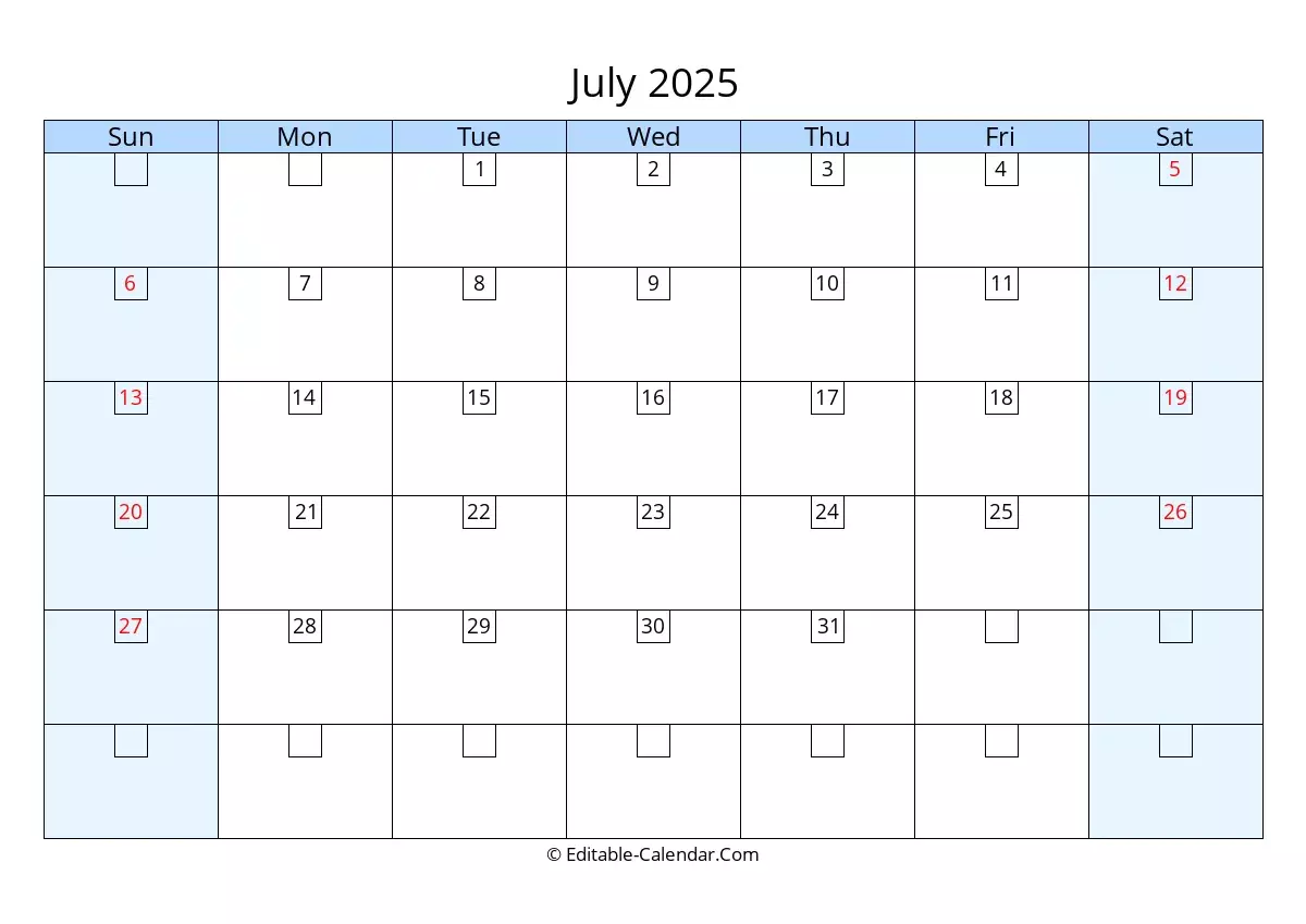 Download Editable 2025 Calendar July Weeks Start On Sunday