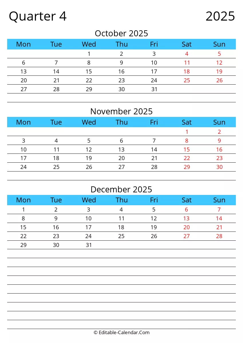 Download Free Printable Quarter 4 2025 Monday Start
