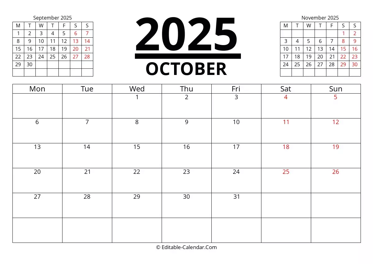 Download October 2025 Printable Calendar With Previous And Next Month Monday Start Download October 2025 Printable Calendar With Previous And Next Month Monday Start
