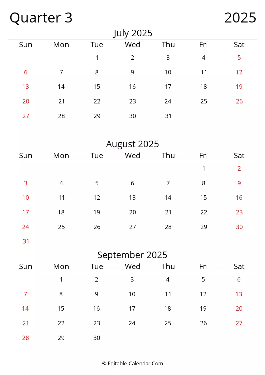 3 Months Calendar 2025 Printable
