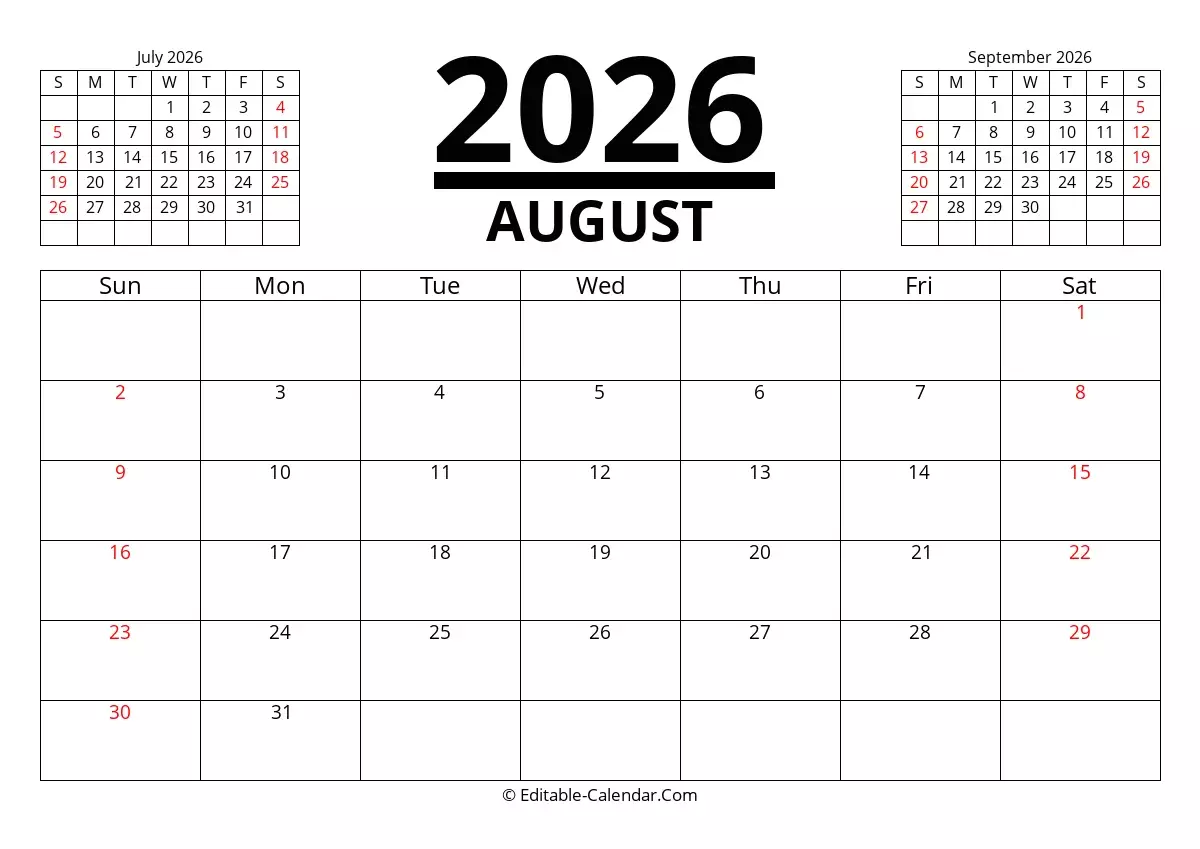 Calendar July August 2026 Printable