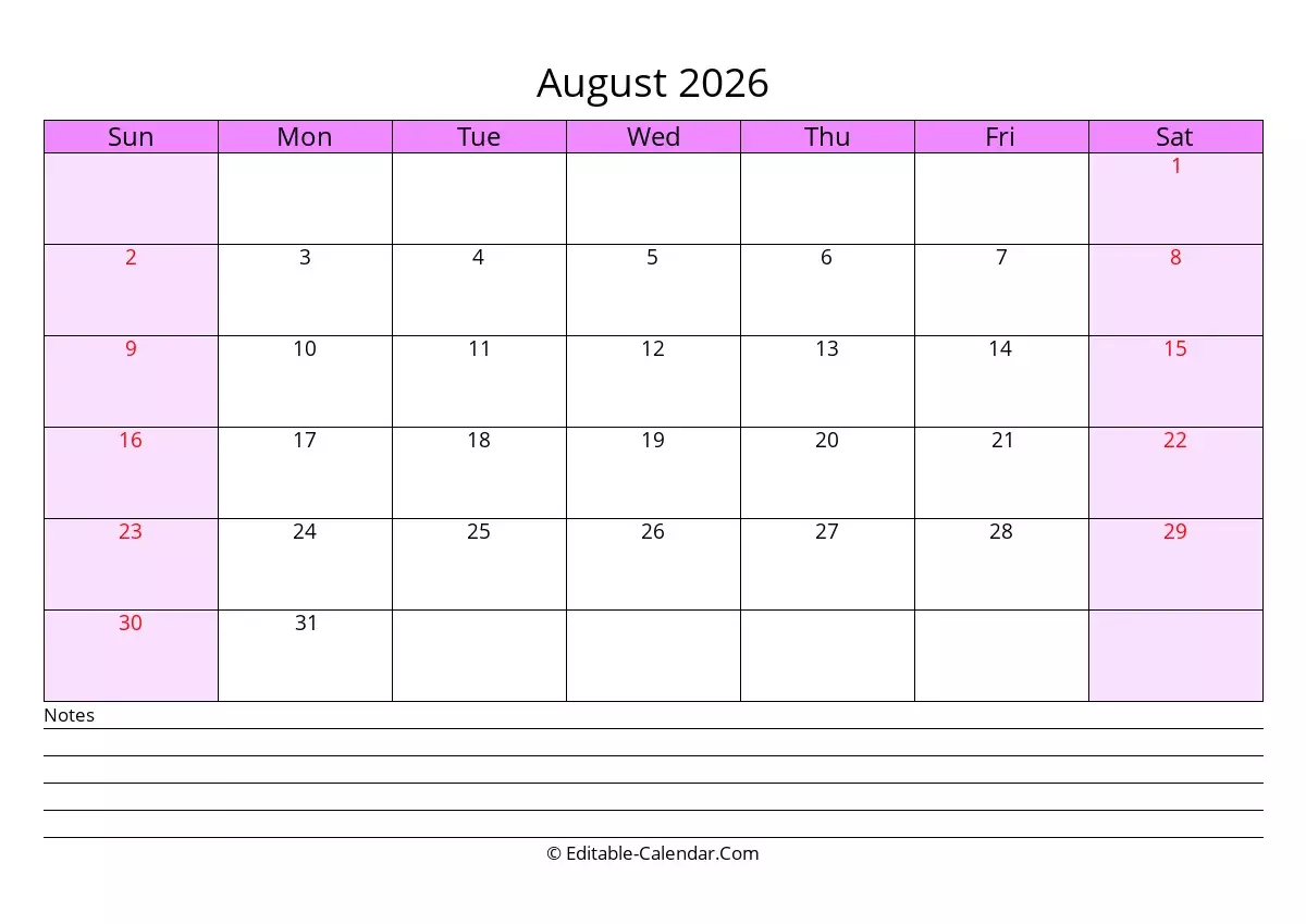 Online Printable Calendar August 2026