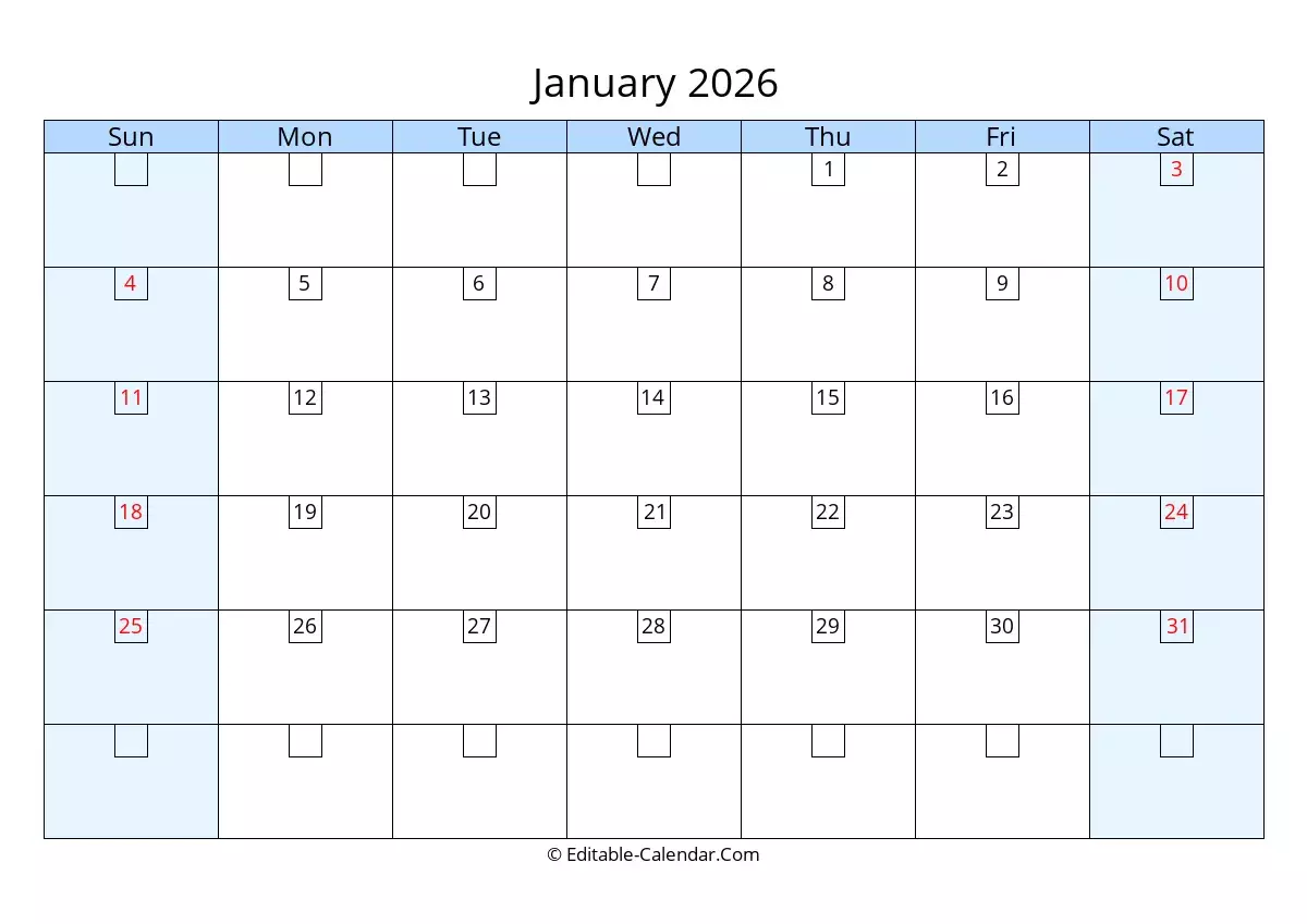 Editable Calendar January 2026 In Excel Word PDF Editable Calendar January 2026 In Excel Word PDF