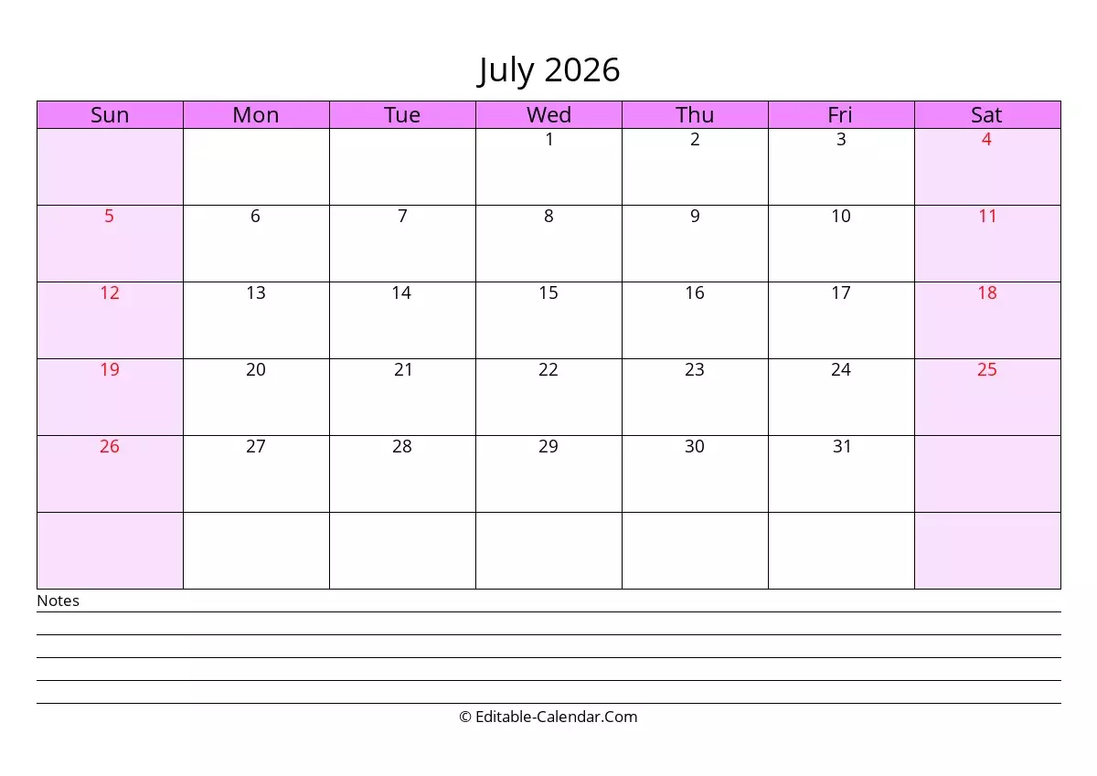 Free Printable 2026 Monthly Calendar July