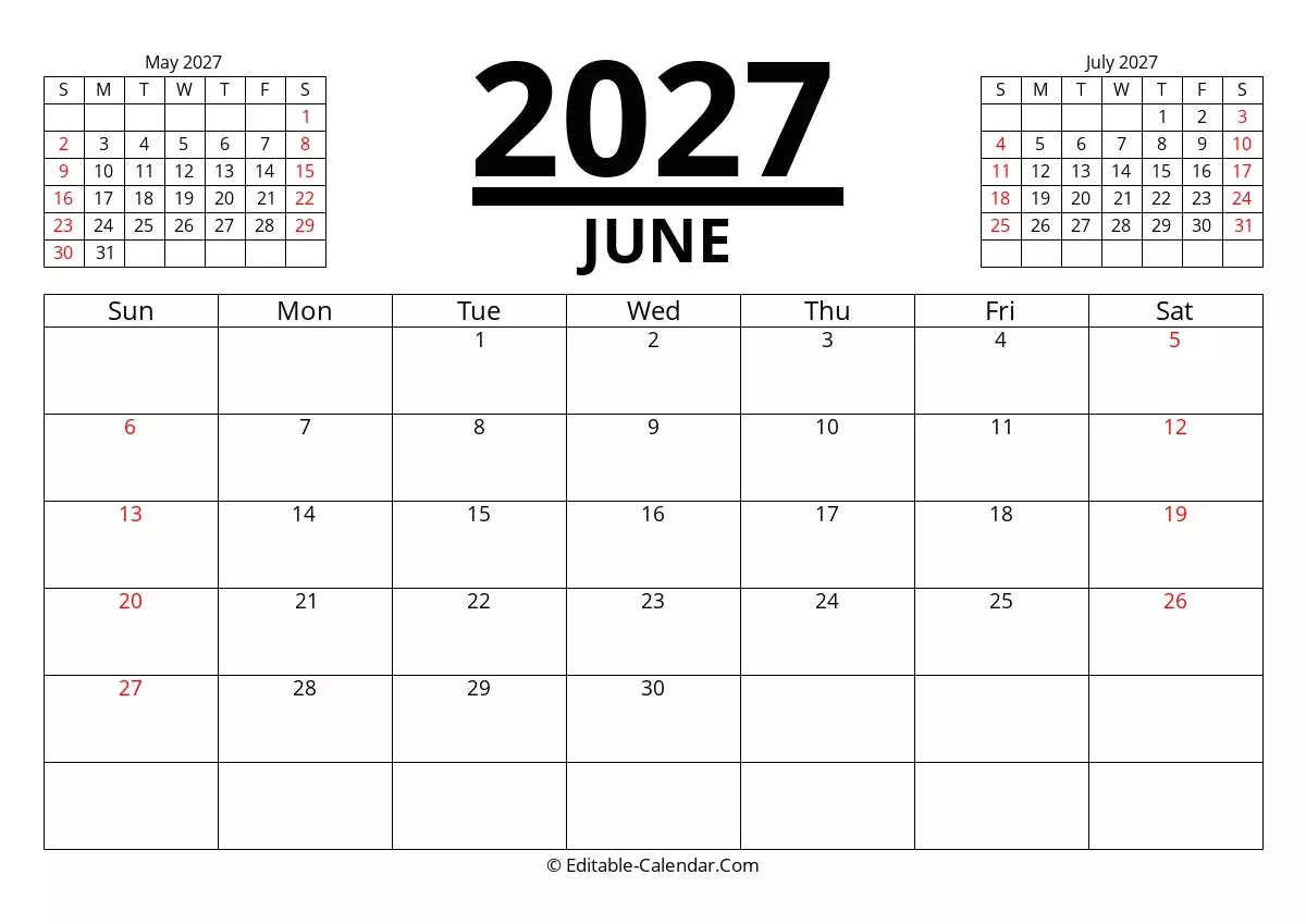 Editable Calendar June 2027 In Excel Word PDF