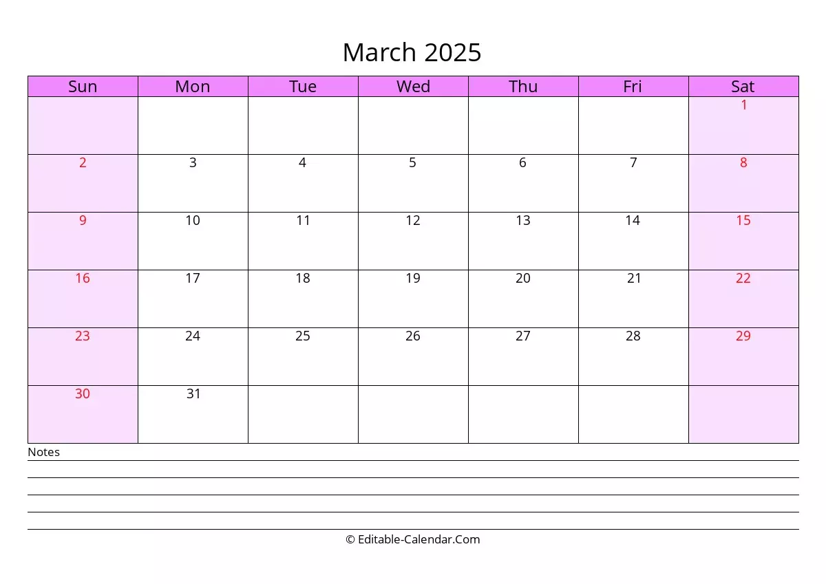 Editable Calendar March 2025 In Excel Word PDF