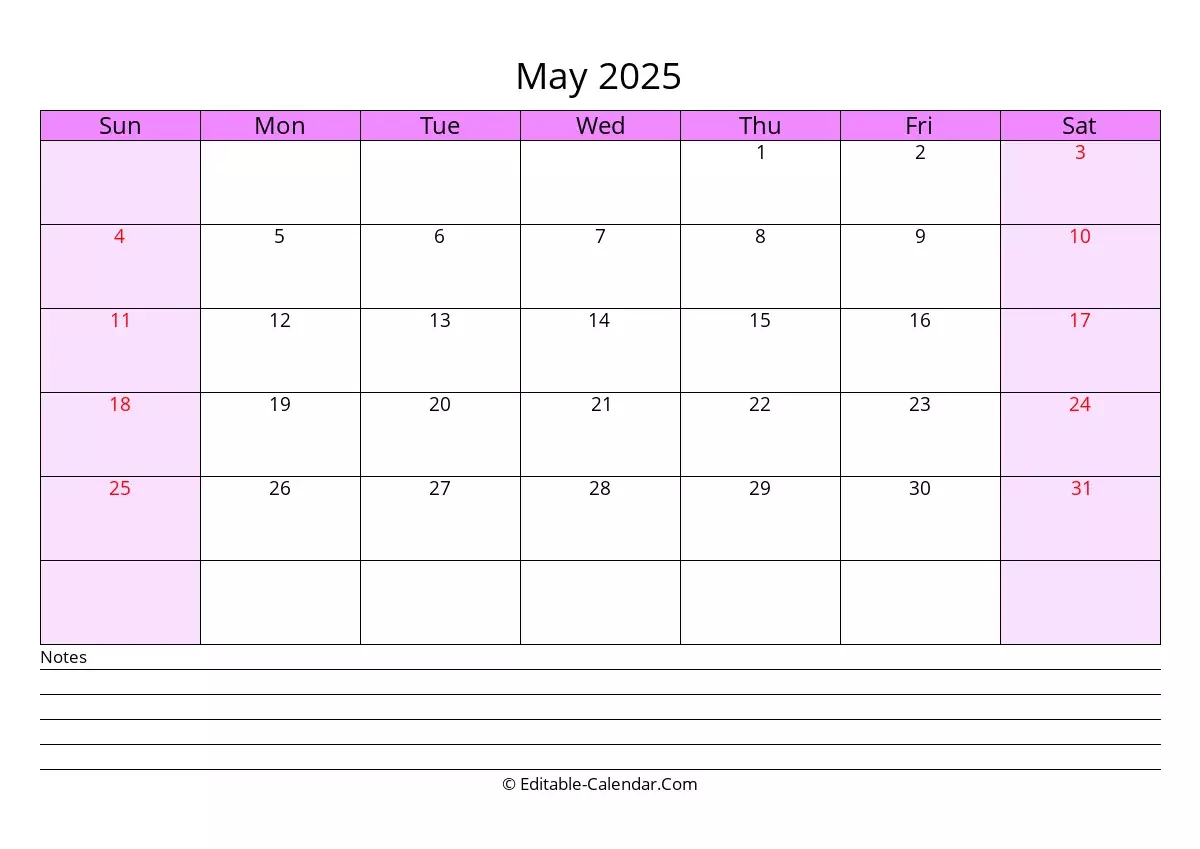 Editable Calendar May 2025 In Excel Word PDF