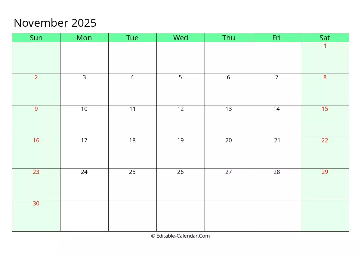 Editable Calendar November 2025 In Excel Word PDF