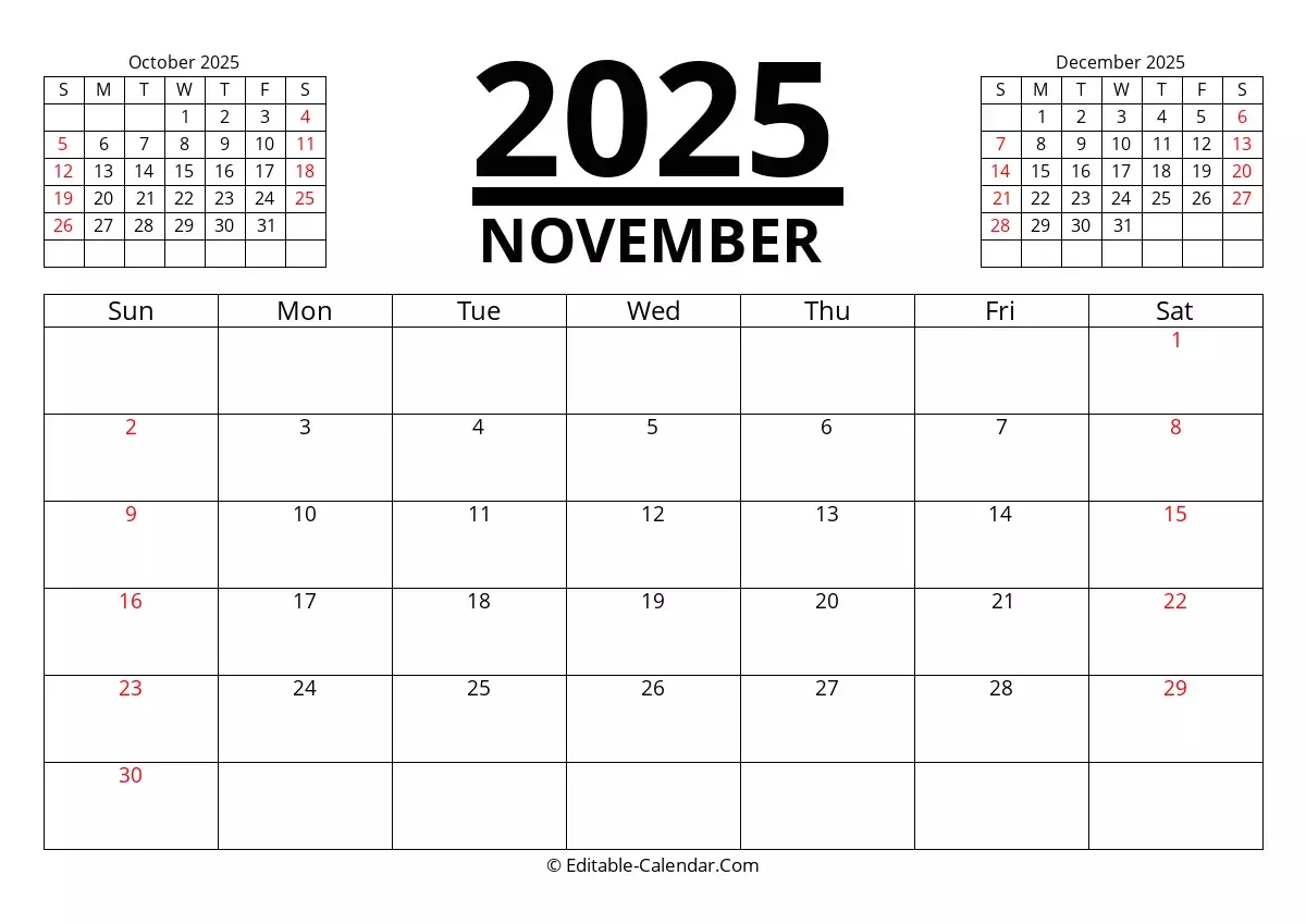 November 2025 Calendar Printable Word