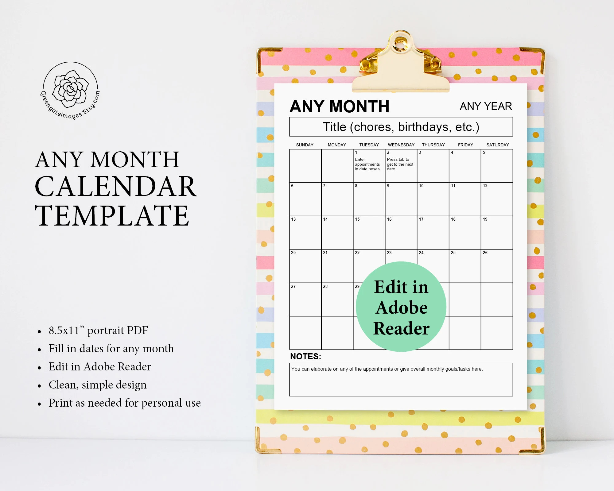 Editable Calendar PDF Any Year Fillable Printable Monthly Planner Meal Planner Digital Download Calendar Template One Month Calendar Etsy