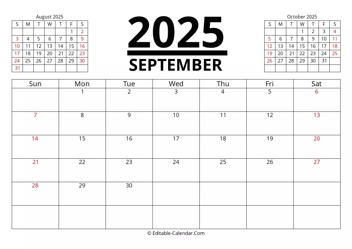 Editable Calendar September 2025 In Excel Word PDF