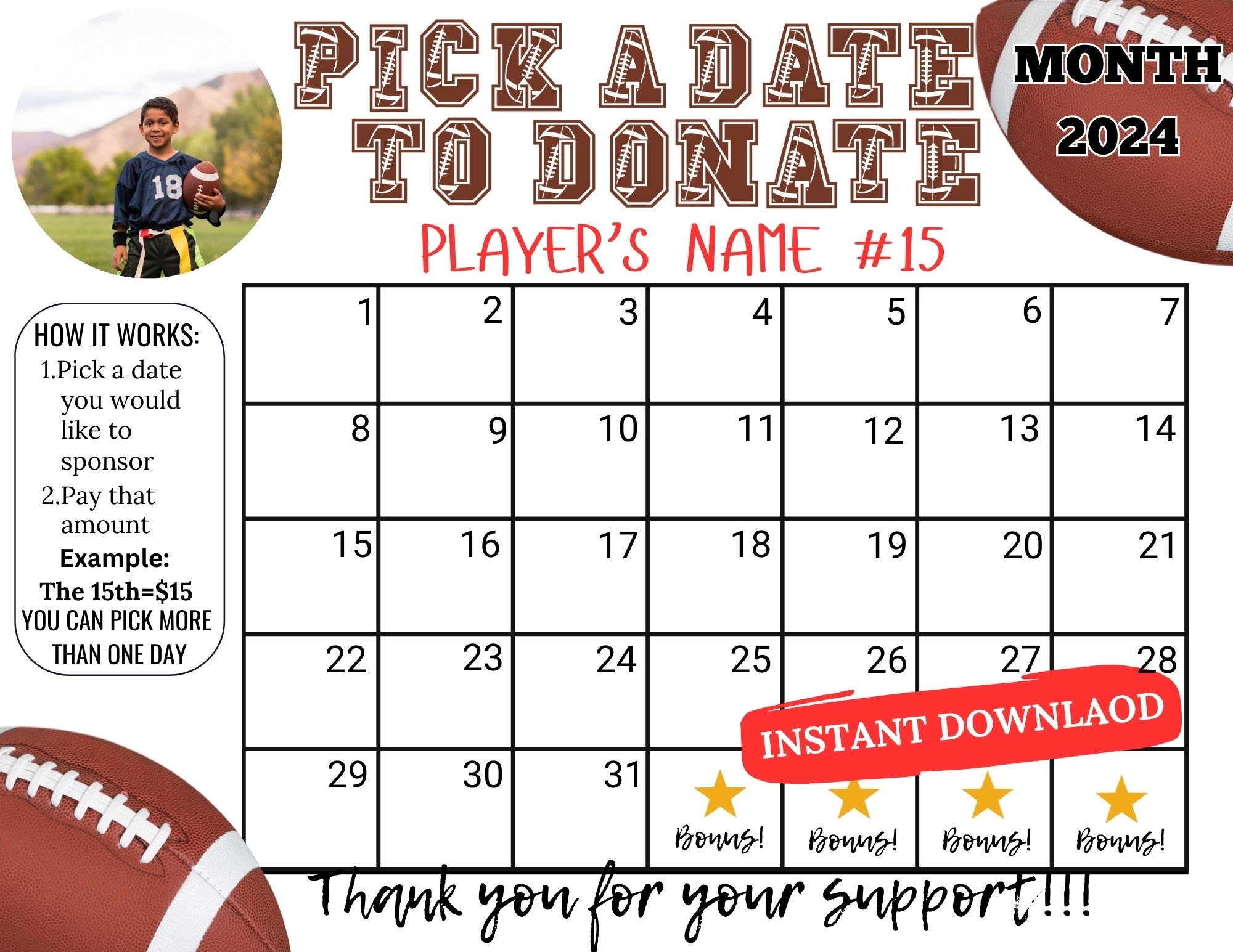 Editable Football Pick A Date To Donate Calendar Fundraiser Instant Download 