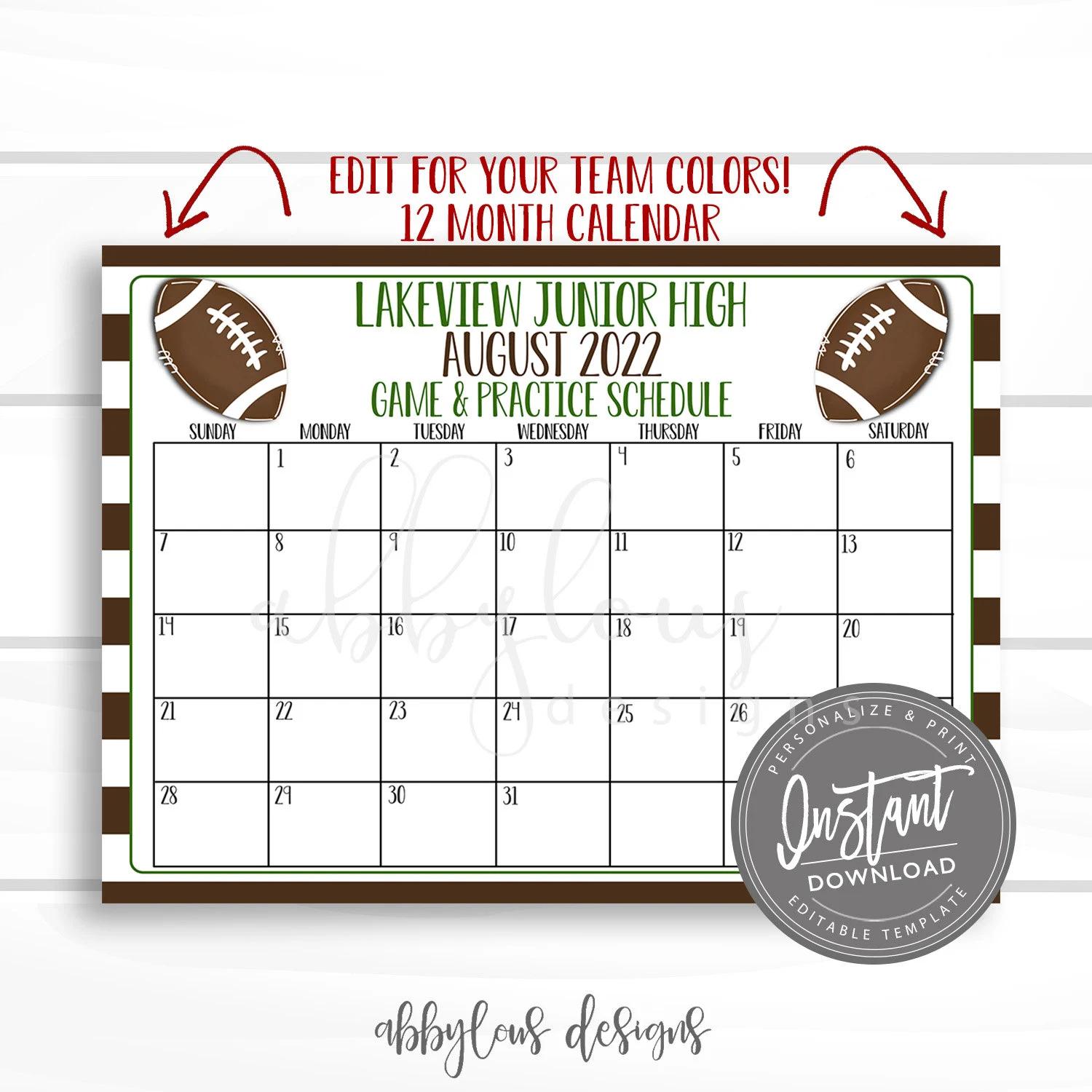 EDITABLE Football Practice Game Schedule Football Calendar 12 Month Printable Editable Calendar Editable File Digital Template Etsy