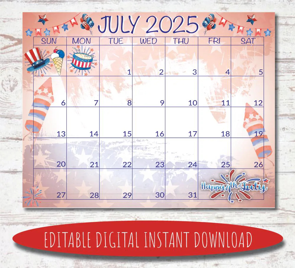 Editable July 2025 Calendar Digital Calendar Printable Calendar July Calendar Watercolor Calendar July 2025 Calendar Etsy