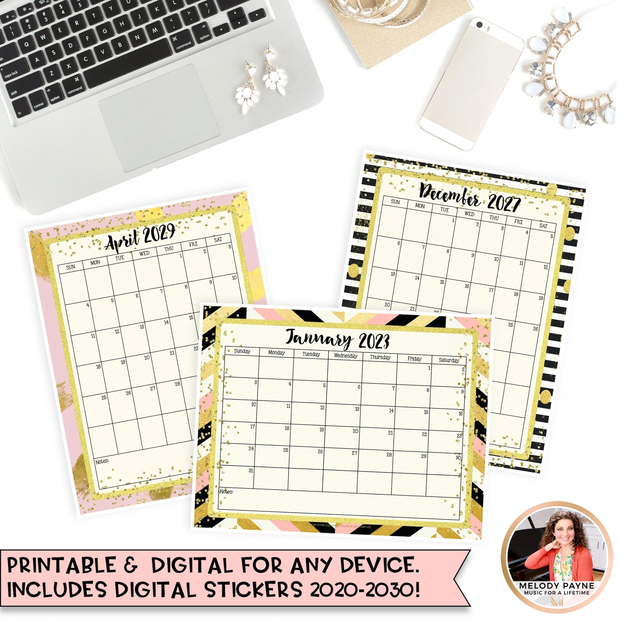 Editable Monthly Calendars Portrait Landscape Chic Glam Classroom Decor Melody Payne Music For A Lifetime