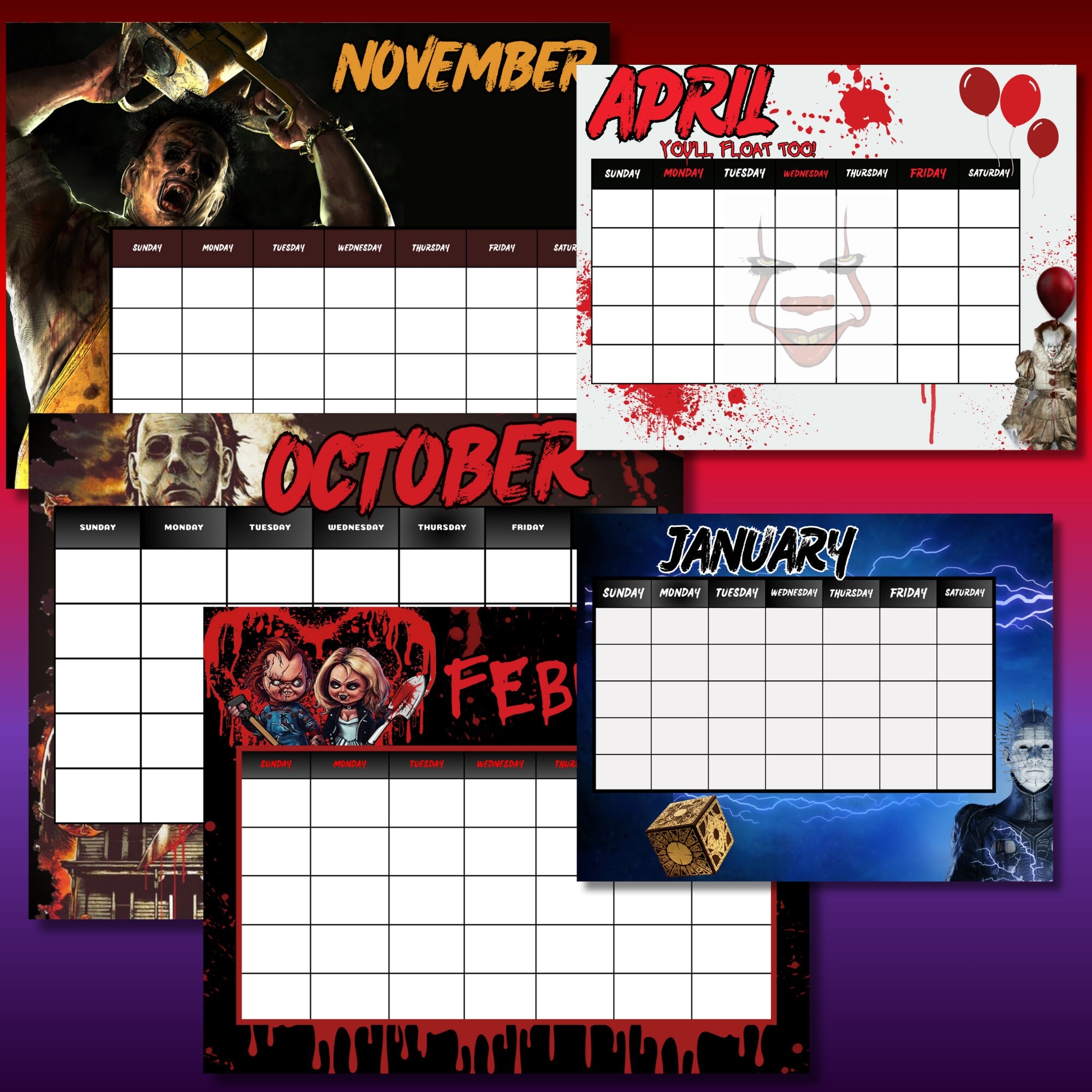 EDITABLE Printable Horror Movie Calendar Printable Fillable Monthly Calendar Thriller Movies 12 Month Digital Planner Halloween Etsy