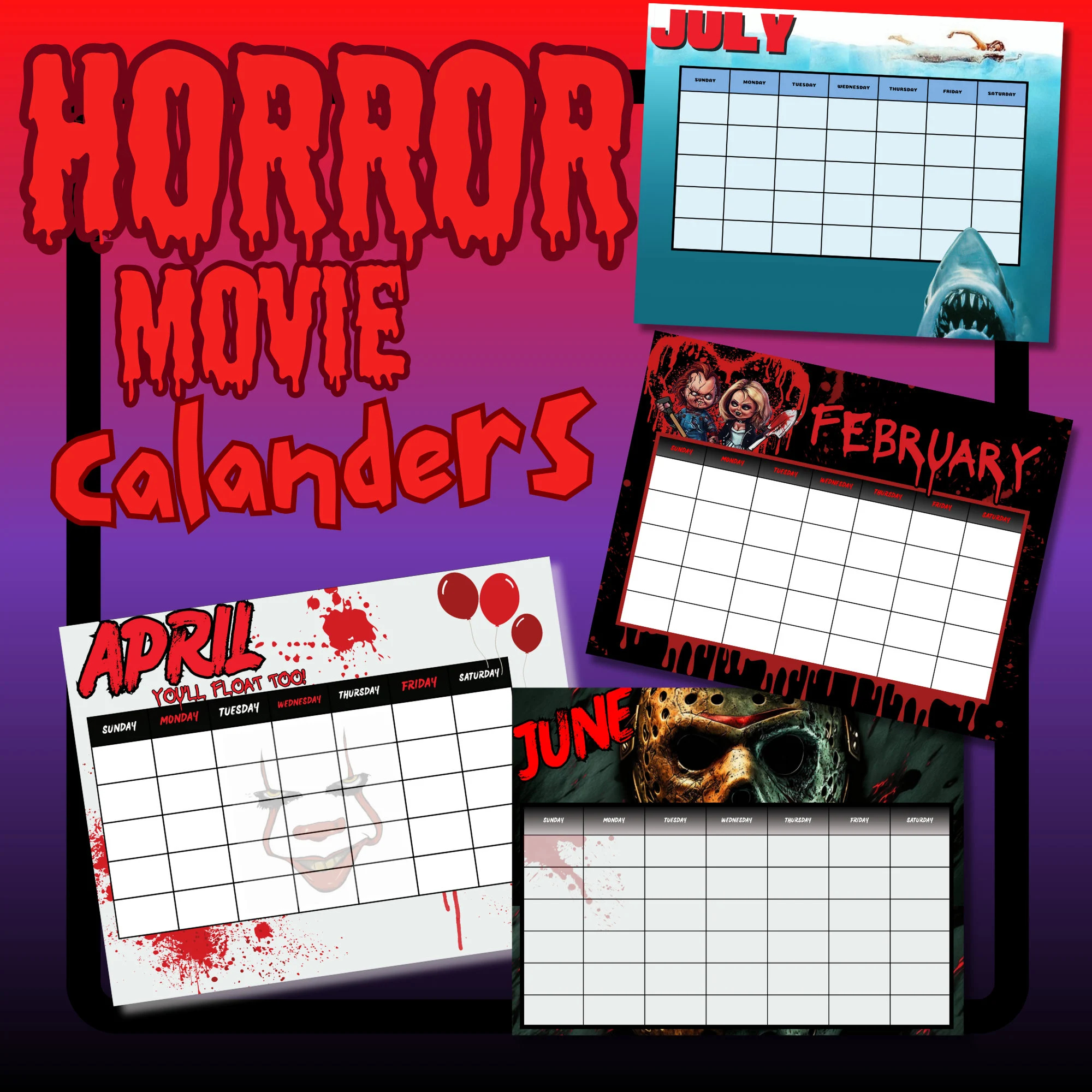 EDITABLE Printable Horror Movie Calendar Printable Fillable Monthly Calendar Thriller Movies 12 Month Digital Planner Halloween Etsy