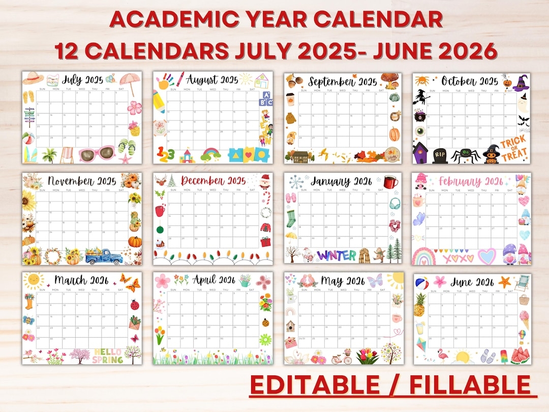 Editable School Calendar 2025 2026 From July To June Printable School Schedule Monthly Kids Homeschool Calendar Cutest Classroom Calendar Etsy