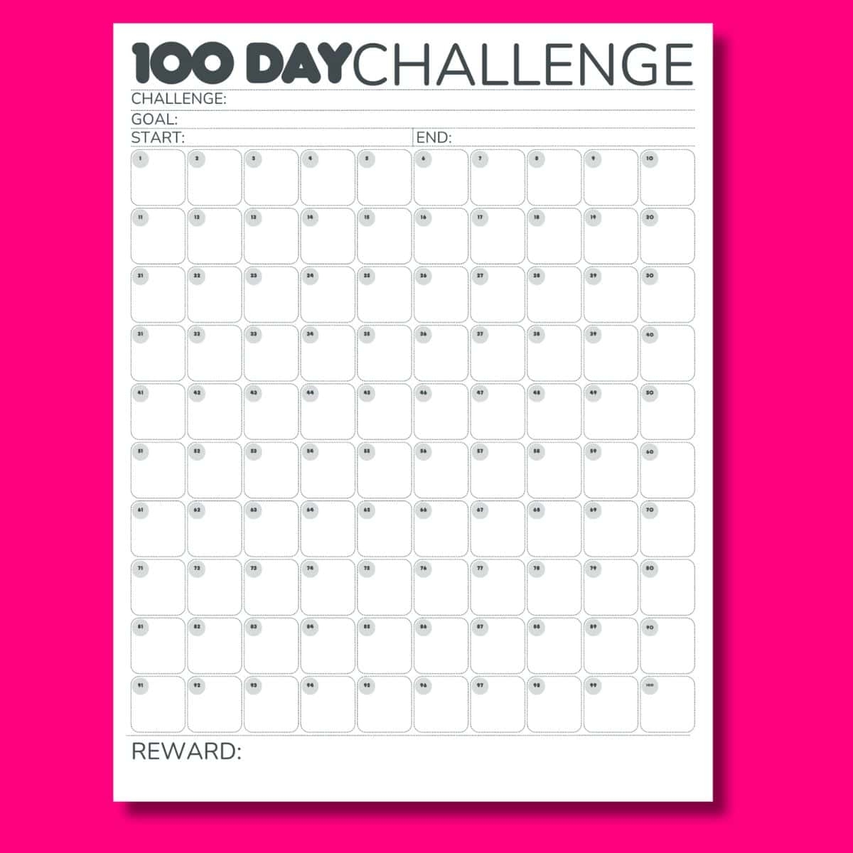 Free 100 Day Challenge Calendar