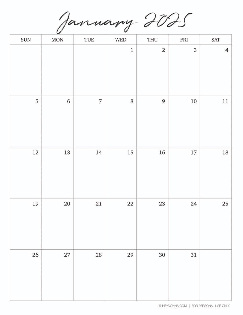 Free 2025 Printable January Monthly Calendar Hey Donna 