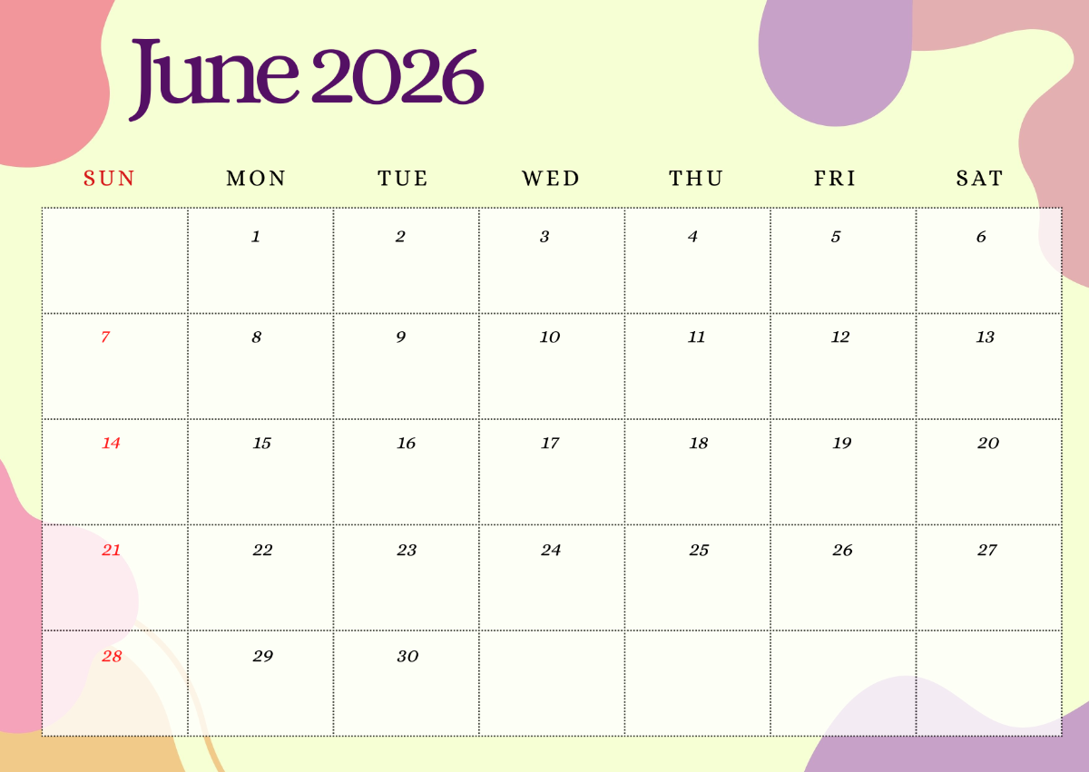 Cute Printable June 2026 Calendar