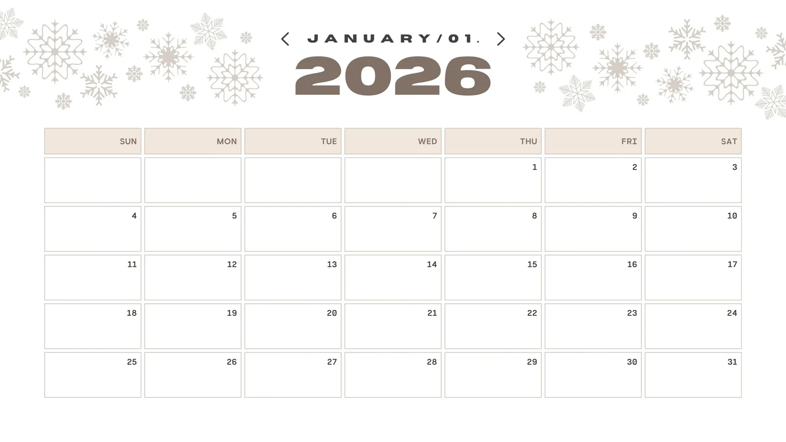 Calendar January 2026 Printable