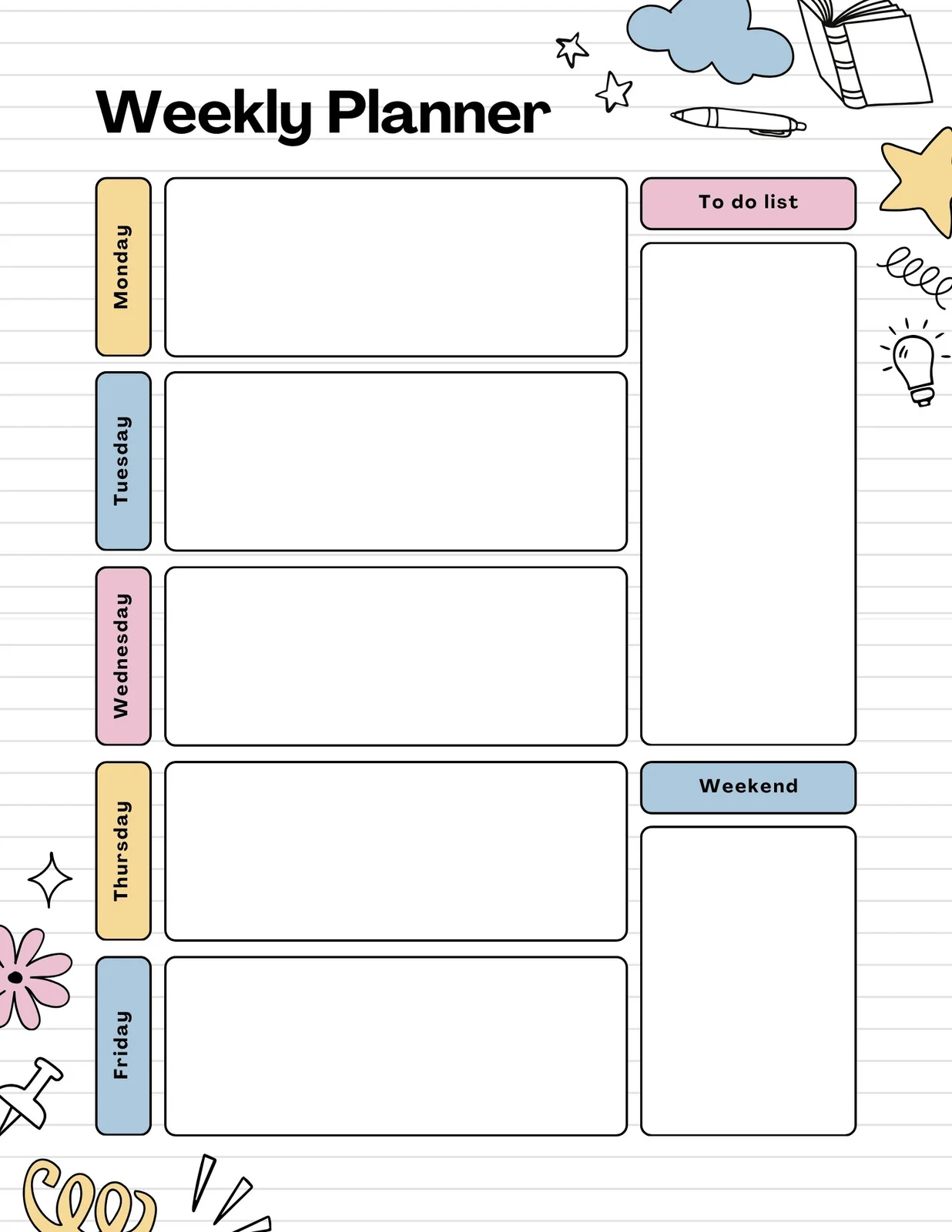 Girly Blank Weekly Calendar Printable