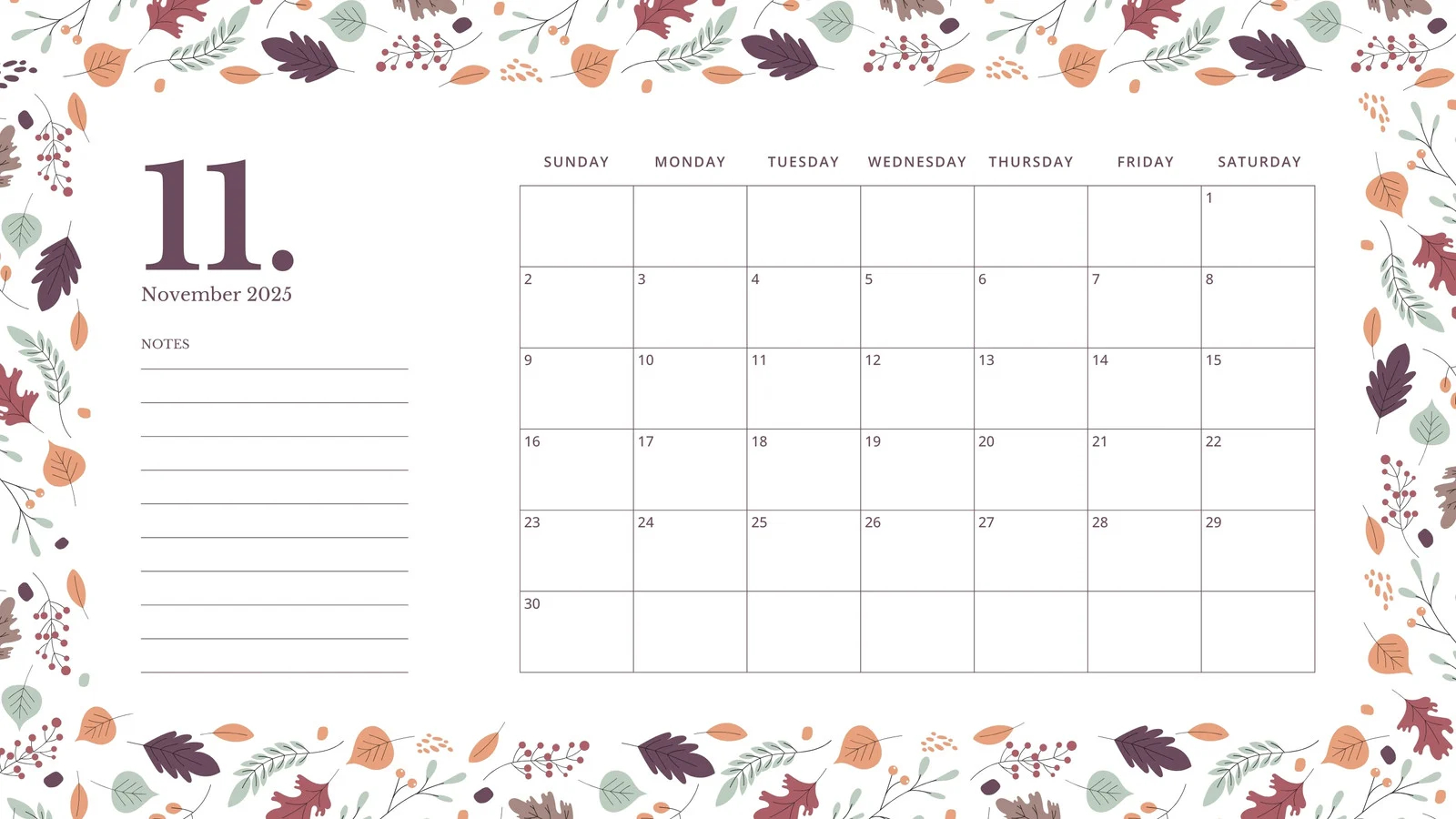 Free And Printable November 2025 Calendar Templates Canva