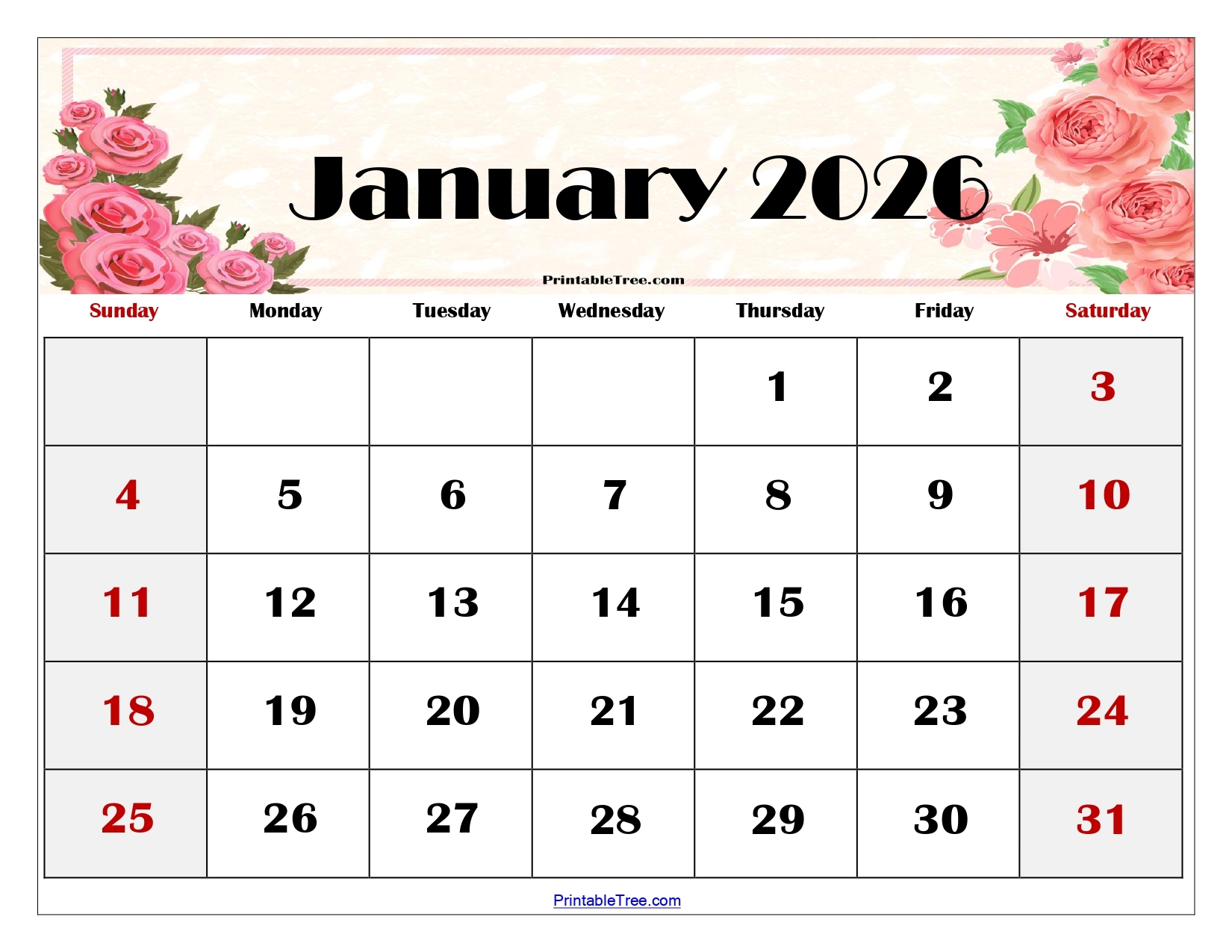 Blank Printable Monthly Calendar 2026