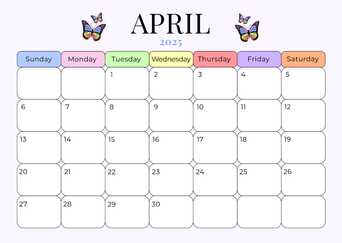 free colorful april 2025 calendar template to edit online