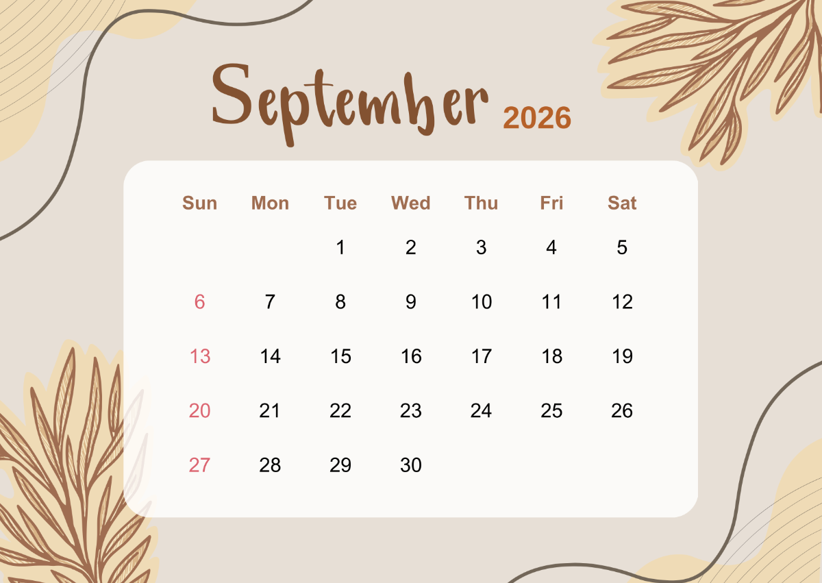 Blank September 2026 Calendar Printable