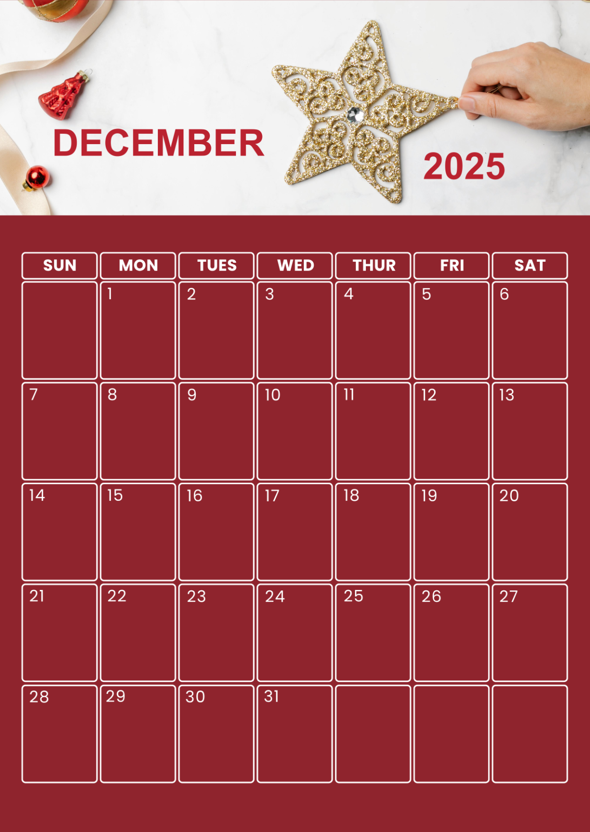 Blank December 2025vertical Calendar Printable