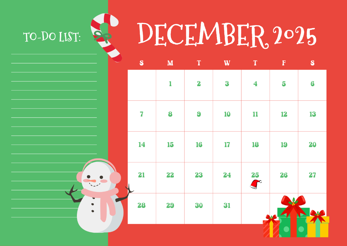 Printable December 2025 Calendar Kids