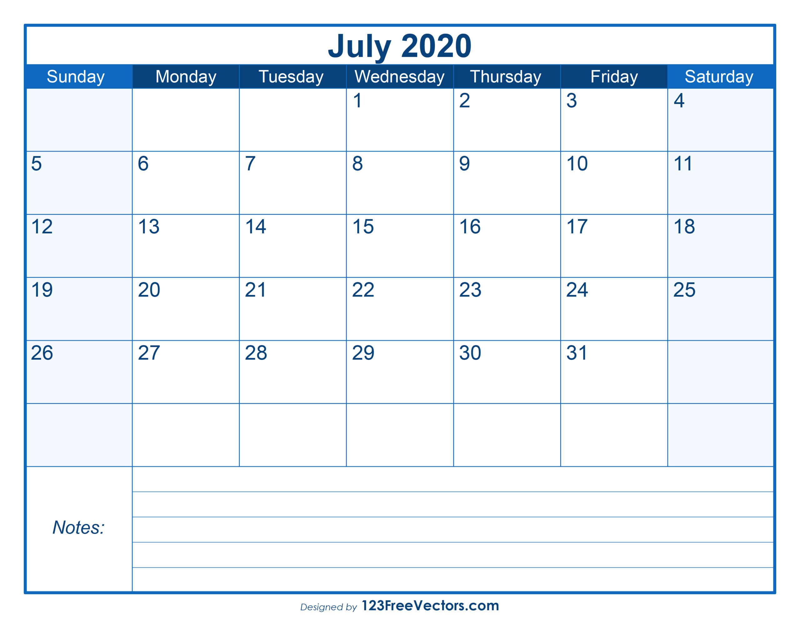 Free Download Blank Printable July Calendar 2020