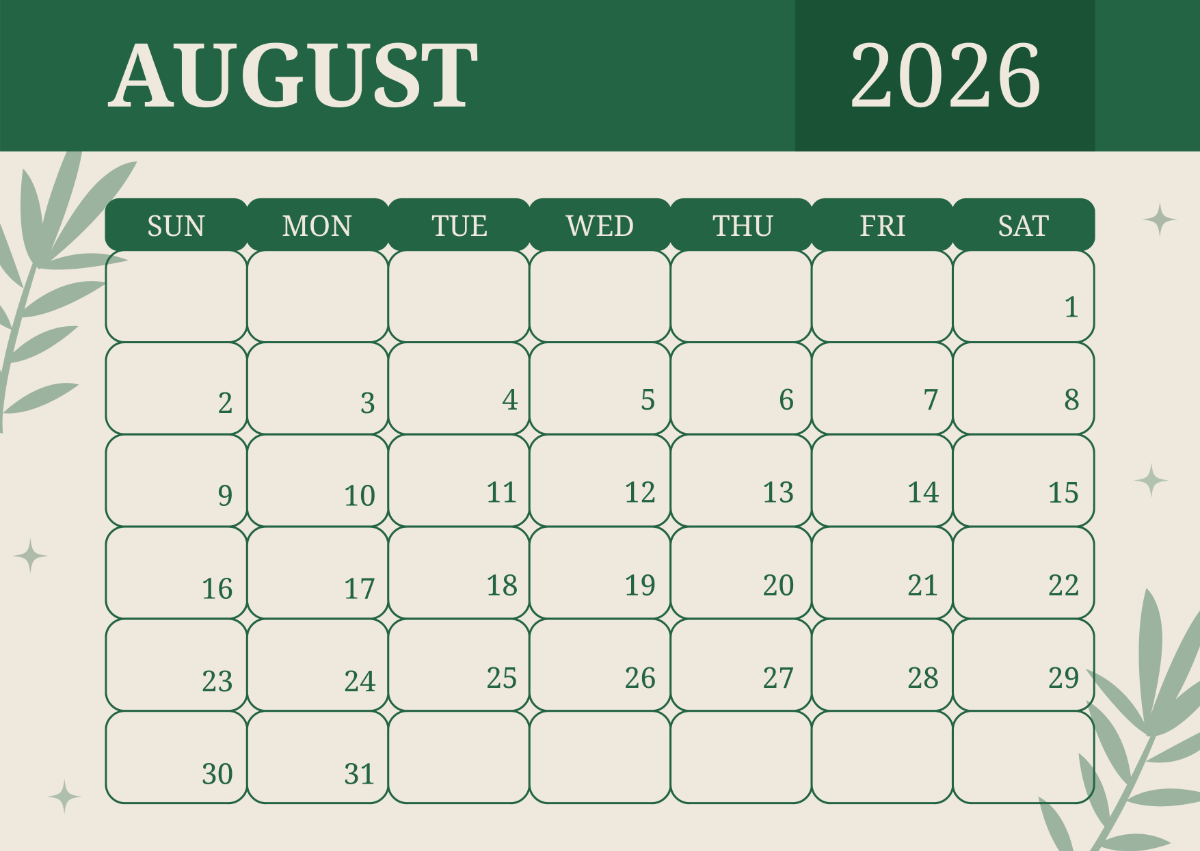Free Printable August 2026 Calendar Template