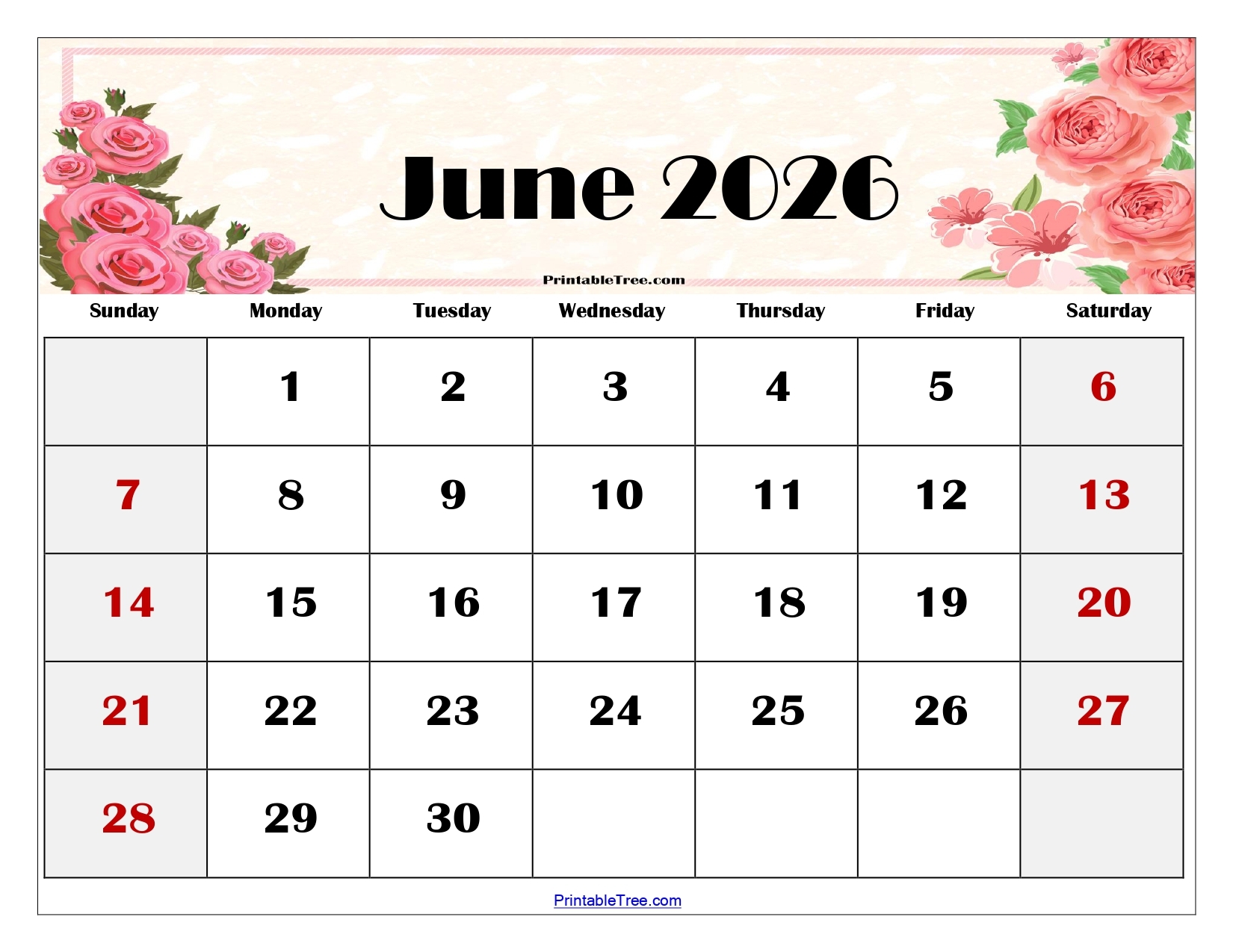 Printable Free June 2026 Calendar