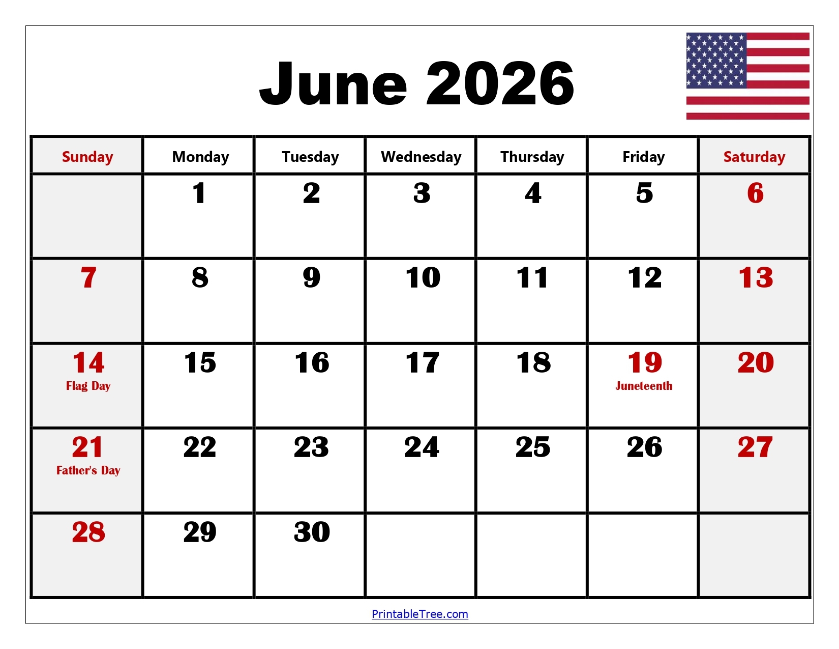 Printable Calendar 2026 June