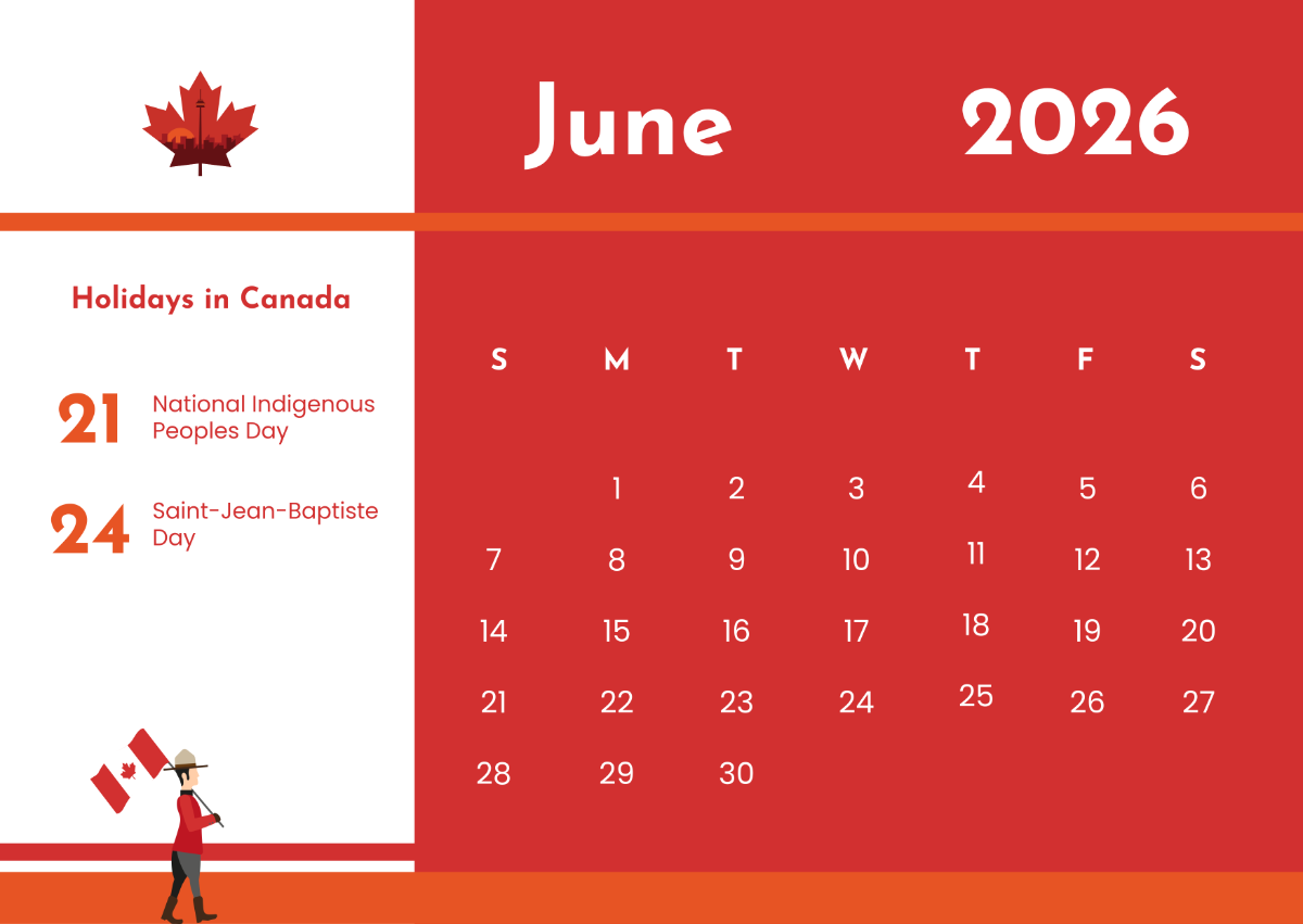 Free June 2026 Canada Calendar Template To Edit Online