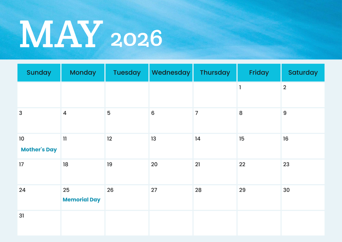 Free Printable May 2026 Calendar With Holidays