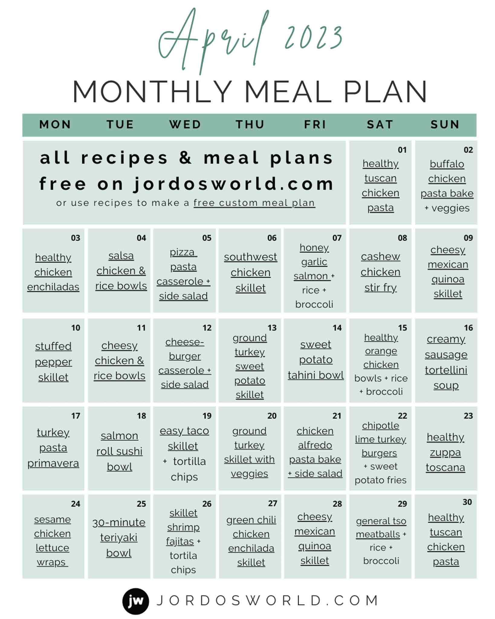 Monthly Meal Plan Calendar Printable