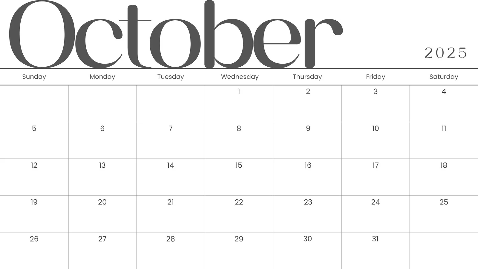 Landscape Form Plain Printable Calendar October