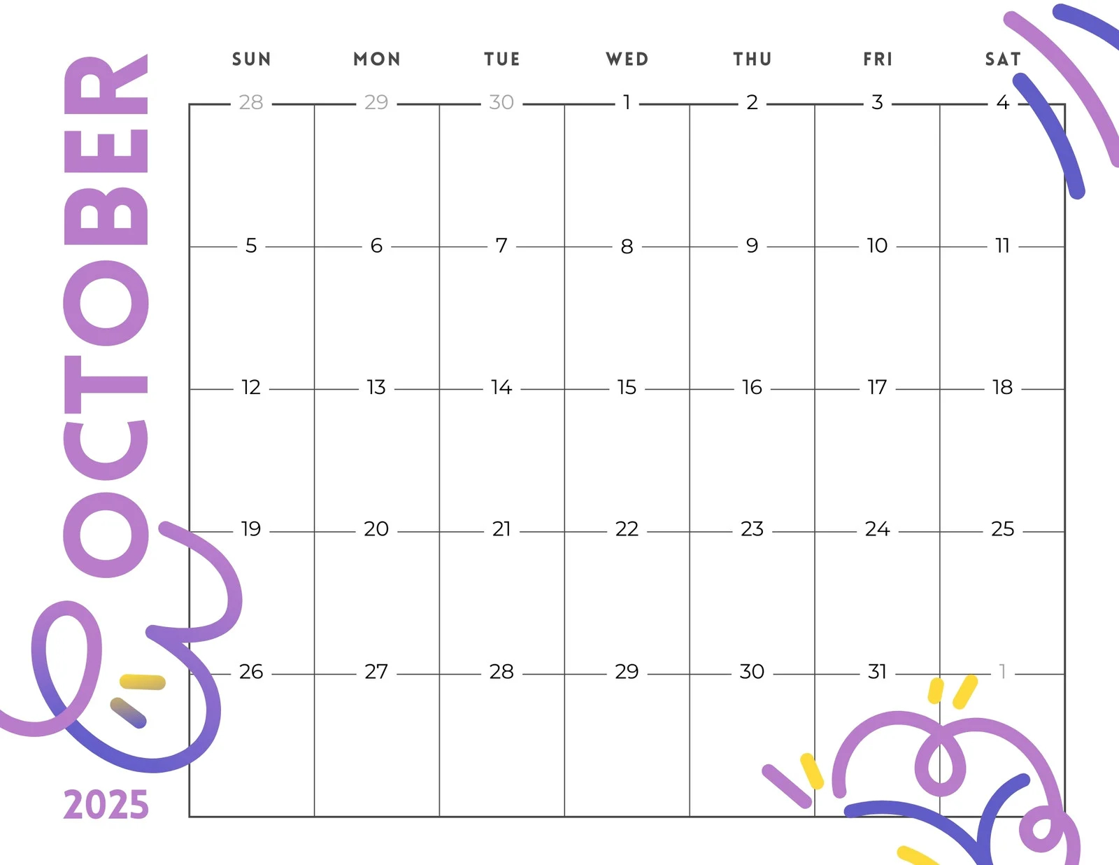 Free Printable Kids October 2025 Calendar Template