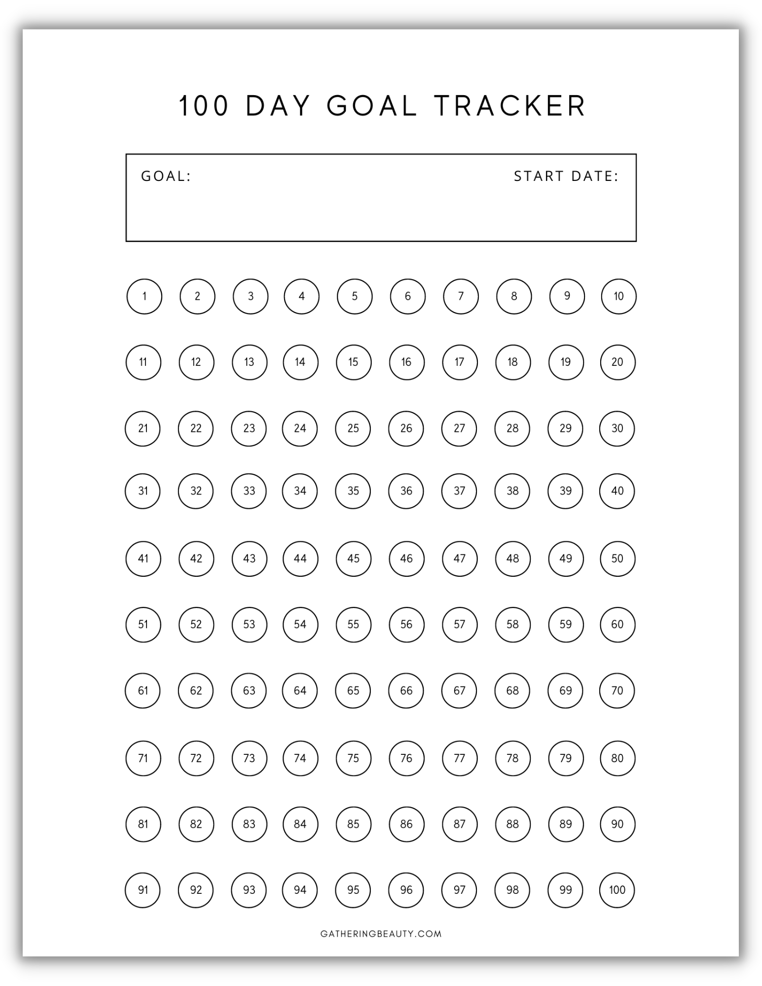 100 Days Calendar Printable