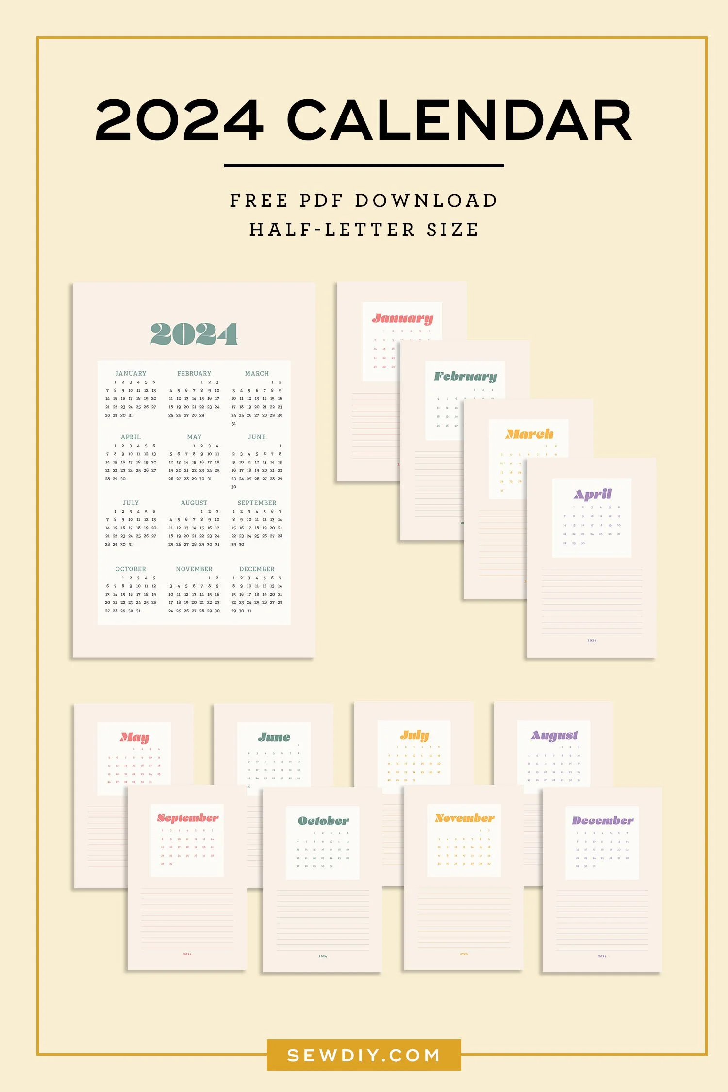 Free Printable 2024 Monthly Calendar Sew DIY