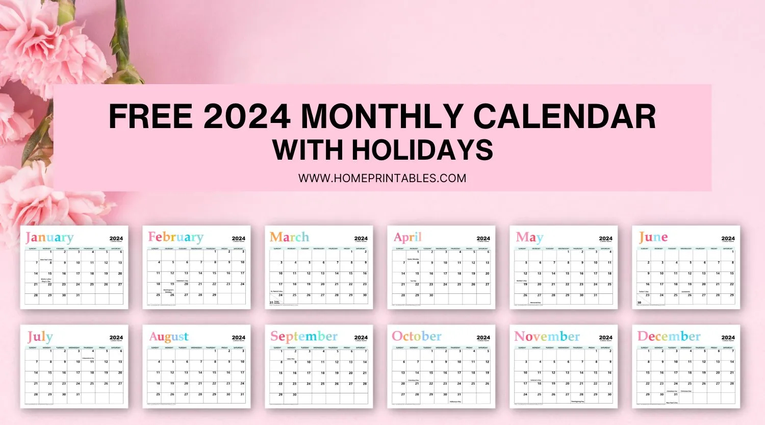 Free Printable 2024 Monthly Calendar With Holidays Pretty Style 
