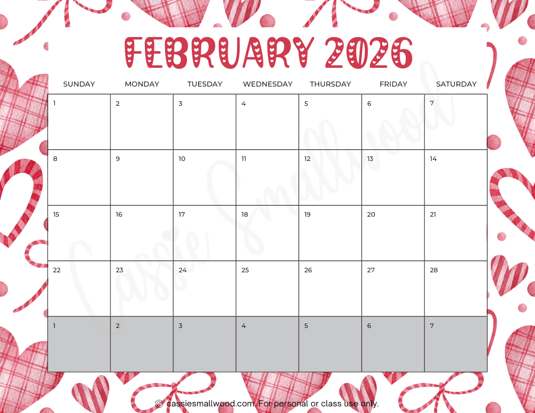 Feb Calendar 2026 Printable