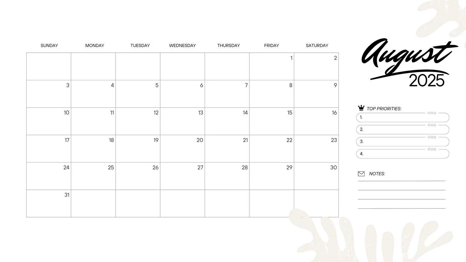 Printable Calendar Aug 2025